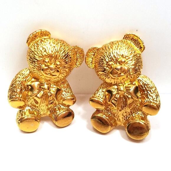 Vintage Teddy Bear Clip Gold Tone Earrings, 1 1/8 Inches - Picture 1 of 9